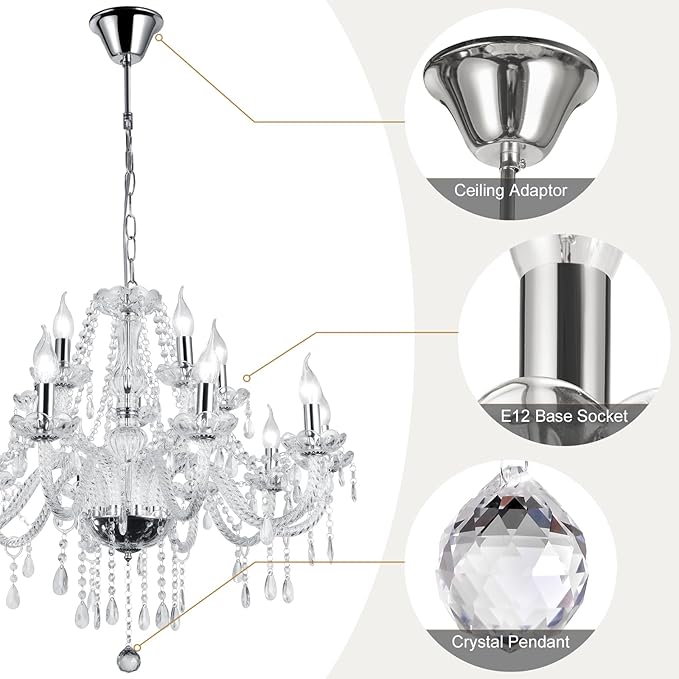 Modern Elegant 10 Lights K9 Crystal Glass Chandelier Silver Pendant Ceiling Lighting European Style for Dining Living Room Bedroom Transparent, 10 E12 Bulbs Required-Ruum Studio Home