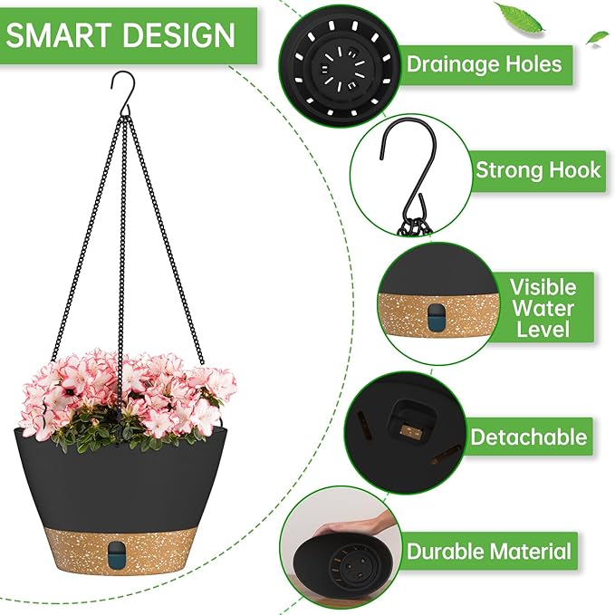 ZMTECH 8 Inch Hanging Planters for Indoor Plants, Hanging Baskets for Plants Outdoor with Visible Water Level, Hanging Flower Pots with Drainage Holes & Removable Tray(2 Pack, Gray)-Ruum Studio Home