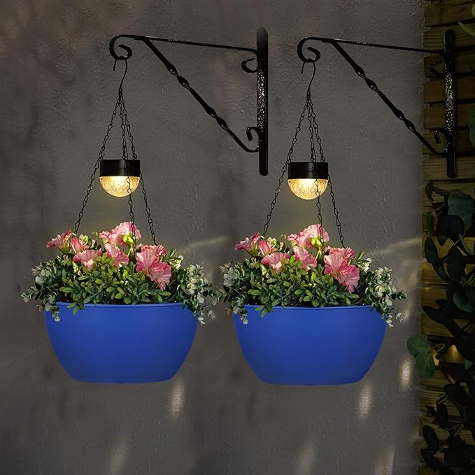 2 Packs Solar Hanging Basket Planters for Plants Outdoor, Self Watering Blue Flower Plants Pots with Solar Light Drainer for Balcony Patio Garden Outdoor Decoration-Ruum Studio Home