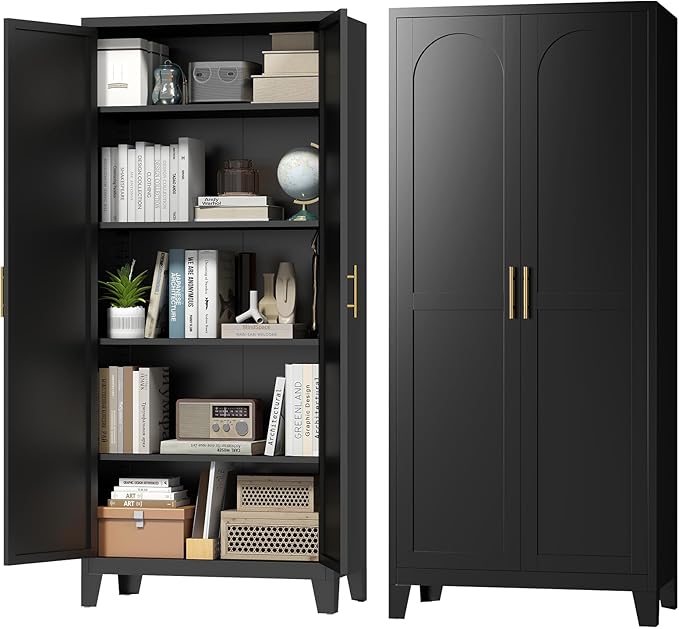 70.87" H Metal Kitchen Pantry Cabinet, Freestanding Cupboard with 2 Doors and 4 Adjustable Shelves, Tall Metal Storage Cabinet for Kitchen, Bathroom, Dinning Room or Laundry Room （Black）-Ruum Studio Home