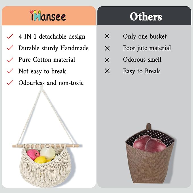 4 Tier Hanging Fruit Basket for Kitchen, Beige Boho Cotton Rope Crocheted Fruit Holder for Bathroom Bedroom, Detachable Wall Hanging Basket Shelves Over Door Organizer for Fruits Veggie Plant Decor-Ruum Studio Home