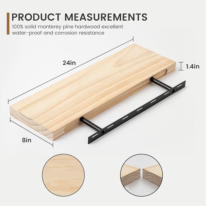 Fun Memories Farmhouse Floating Shelves - 8 Inch Deep Rustic Wood Wall Shelf - Premium Solid Pine Wood Storage Shelf for Kitchen Living Room Bedroom - 24" W x 8" D - Set of 2 - No Stain - Unfinished-Ruum Studio Home