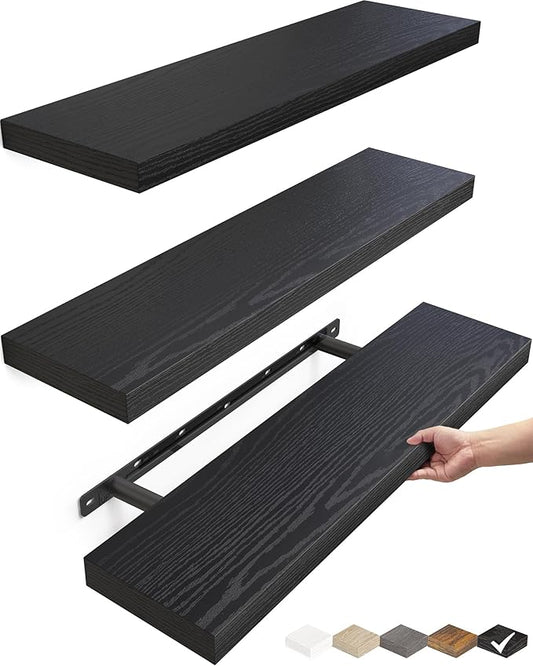 BAYKA Floating Shelves for Wall, 22.5 inches Wall Mounted Rustic Wood Shelves for Bathroom, Bedroom, Living Room, Floating Shelves for Books/Storage/Decor (Black,Set of 3)-Ruum Studio Home
