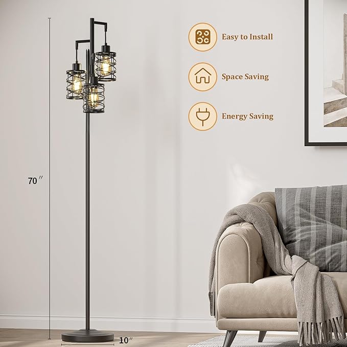 Oneach 70" Industrial Floor Lamp, Stepless Dimmable Standing Lamp with 3 Bulbs, Farmhouse Corner Standing Tree Lamp for Living Room, Tall Lamps for Bedroom, Office, Study Room, Dining Room, Black-Ruum Studio Home