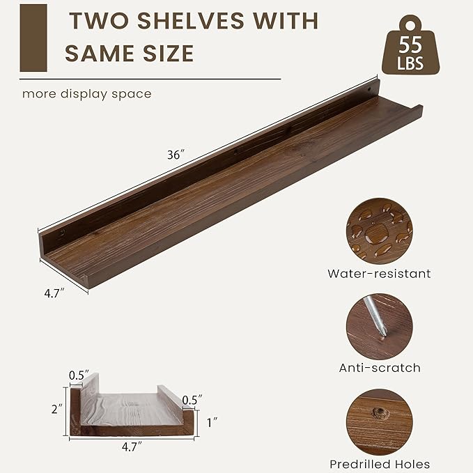 Floating Shelves for Wall, Picture Ledge Shelf 36 Inch Solid Wood Set of 2, Rustic Wall Shelves with Lip, Kids Bookshelf, Photo & Picture Live Edge Floating Shelves for Bedroom, Living Room, Kitchen-Ruum Studio Home