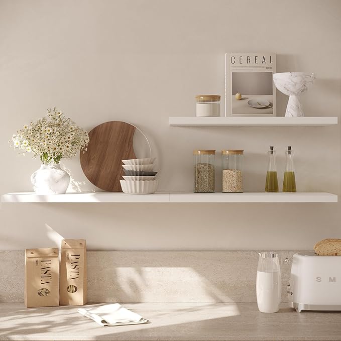 Wall Shelf Set of 2, White Floating Shelves 24 in W x 10 in D x 1 in H, Wooden Floating Wall Shelf with Invisible Brackets for Living Room/Bedroom/Bathroom/Kitchen Storage and Decor-Ruum Studio Home