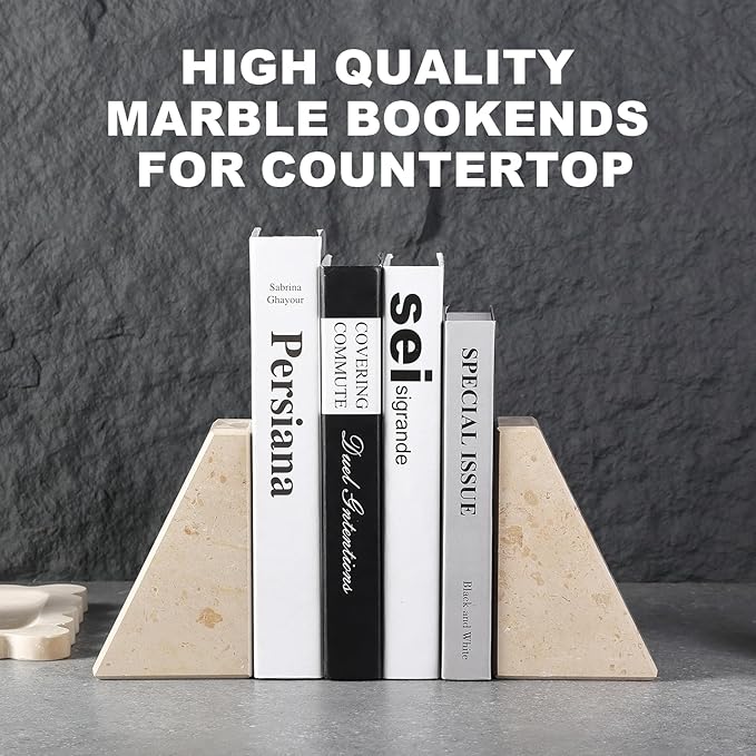 Marble Bookends for Heavy Books, Decorative Book Ends for Shelves, Beige Stone Durable and Heavy-Duty Book Ends for Hardback Books & CDS, Unique Book Stopper & Holder, Set of 2-Ruum Studio Home
