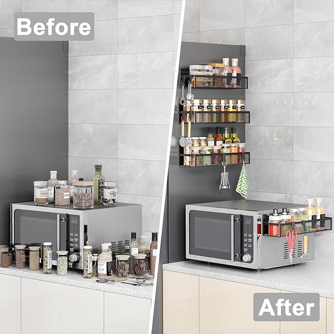 Magnetic Spice Rack for Refrigerator, 4 Pack Magnetic Shelf, Fridge Magnet Organizer with Moveable 8 Hooks, Magnetic Fridge Shelf for Kitchen Organization and Storage (4 Pack)-Ruum Studio Home