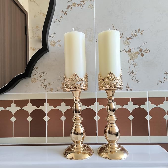 Candle Holders for Pillar Candles Gothic Matte Black Vintage Tall Candle Holders Set of 2 Decorative Large Table Centerpieces Candle Stand Decor (Gold 2PCS A)-Ruum Studio Home