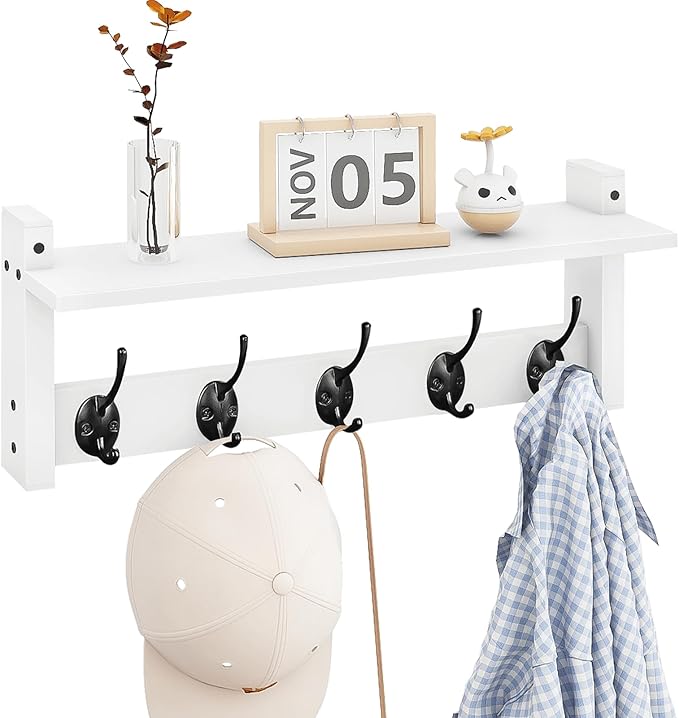 Homode Wall Shelf with Hooks, Coat Rack Wall Mount with Pegs, Hanging Entryway Coat Hanger, Wood and Iron Shelf for Bathroom, Hallway, Bedroom, White-Ruum Studio Home