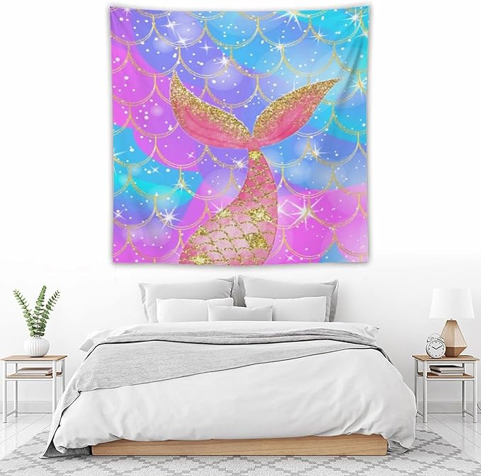HZOHNAGO Mermaid Scales Tapestry Colorful Shiny Scales Mermaid Tail Pattern Printed Wall Tapestry Wall Hanging for Bedroom Living Room Dorm 60" W x 60" H-Ruum Studio Home