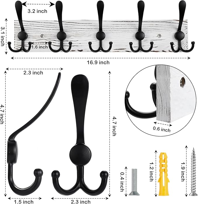 Coat Rack Wall Mount Wooden Hat Rack for Wall Hooks Pine Real Wood Plank 16.9" White Coat Hanger with 5 Black Triple Hooks for Hanging Coat Hat Jacket-Ruum Studio Home