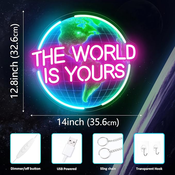The World Is Yours Neon Sign for Wall Decor, Earth Neon Light with Dimmer, for Man Cave Boy Room Decor, Gift for Man Boyfriend, Decoration USB Powered with Switch-Ruum Studio Home