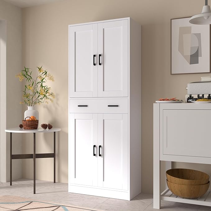 White Kitchen Pantry, 71" Tall Storage Cabinet with Doors and Drawer for Kitchen, Hallway, Office-Ruum Studio Home