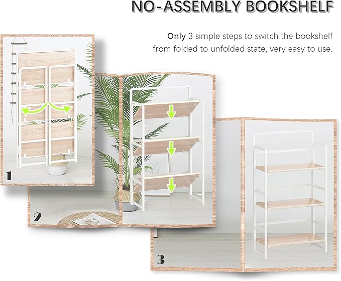 4NM No Assembly Foldable Bookshelf, 3-Shelf Collapsible Bookcase Storage for Small Spaces, 42.1" H, Natural White-Ruum Studio Home