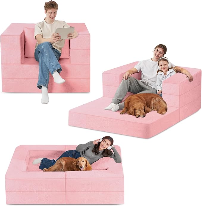 Folding Bean Bag Chair for Adults,3-in-1 Bean Bag Couch Faux Fur Floor Sofa Large Beanbag Convertible Bean Bag Sofa Bed with Pillow in Bedroom,Living Room,Apartment(Twin,Pink)-Ruum Studio Home