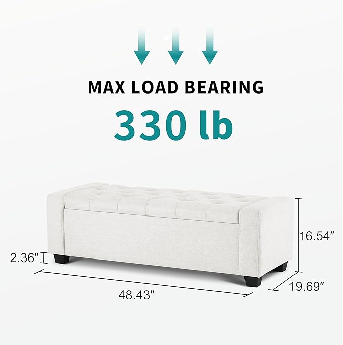 48" Ottoman with Storage, White Storage Ottoman Bench with Safety Hinge, Upholstered Entryway Bench with Seating for Bedroom, Living Room, Holds up to 330 lb-Ruum Studio Home