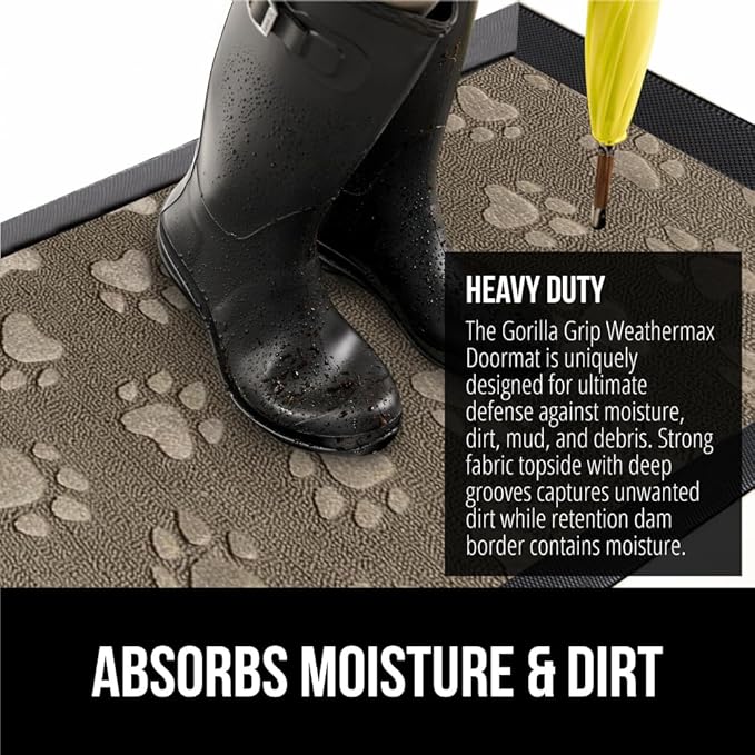 GORILLA GRIP 100% Waterproof All-Season WeatherMax Doormat 35x23, US Designed Natural Rubber, Stain and Fade Resistant, Low Profile Indoor Outdoor Door Mats, Easy Clean Patio Mat, Tan Pawprints-Ruum Studio Home