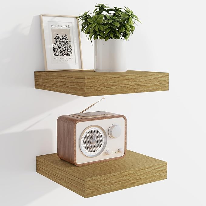 Marsmiles 6.7" Floating Shelves for Wall, Wooden Shelves with Invisible Brackets Set of 2, Rustic Farmhouse Wall Mounted Shelf for Kitchen Bathroom Living Room Study, Natural Oak-Ruum Studio Home