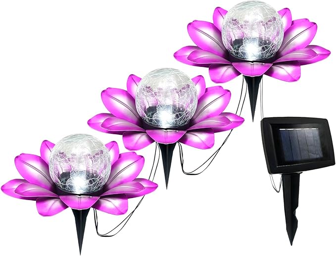 LEWIS&WAYNE Solar Garden Lights Outdoor, 3 Pcs Purple Lotus Flower Pathway Lamps with Cool White Crackle Glass Globe Led Lights for Patio Pathway Yard Balcony Garden Decorations-Ruum Studio Home