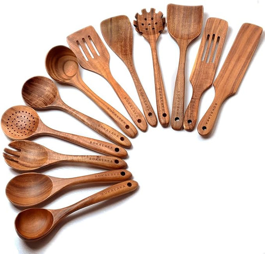 12 Pack Wooden Spoons for Cooking - Natural Teak Kitchen Utensils Set with Spatulas-Ruum Studio Home