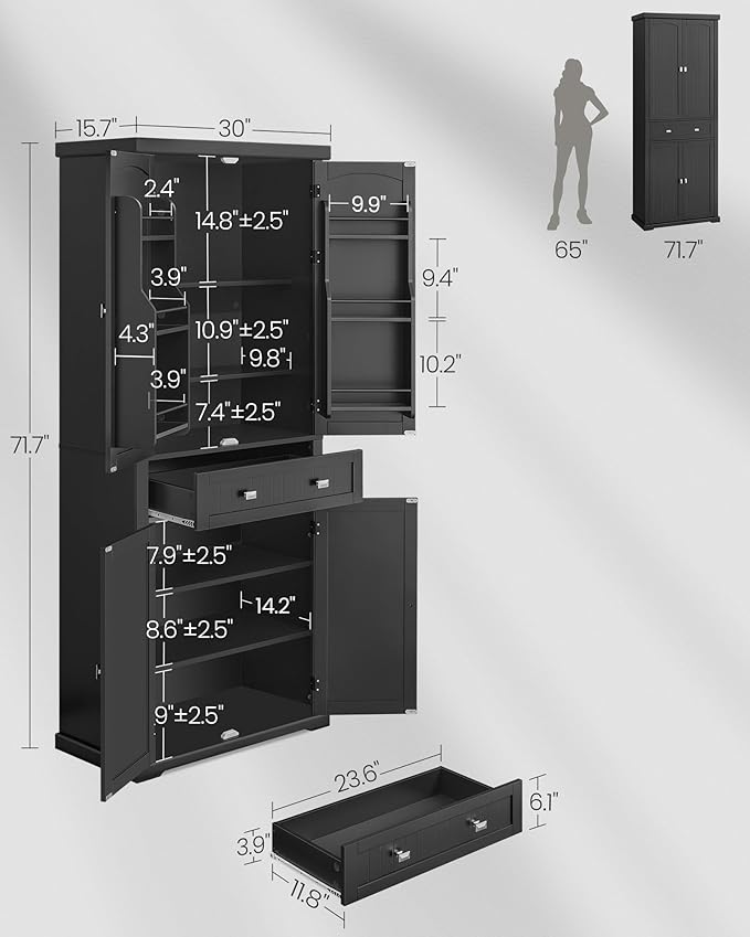 VASAGLE Pantry Cabinet, 71.7-Inch High Freestanding Tall Cupboard Storage Cabinet with a Drawer, 2 Cabinets, 4 Adjustable Shelves, 6 Door Shelves, for Living Room, Kitchen, Ink Black UBBC561B12-Ruum Studio Home