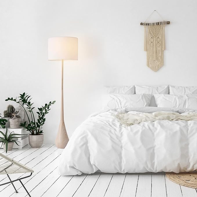 GLOBE Electric 52112 65" Floor Lamp, Faux Wood Finish, White Cotton Shade, Japandi Style, E26 Base, Modern Bedroom and Living Room Lighting-Ruum Studio Home