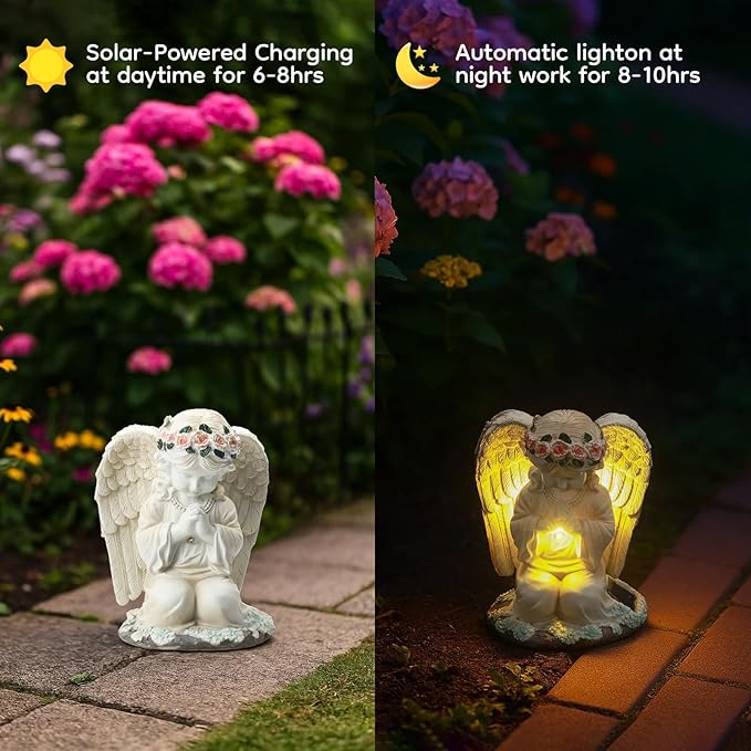 Solar Angel Prayer Statue, Memory Guardian Garden Decor with Warm Light - Religious Outdoor Decor, Auto On/Off LED Light, Memorial Gift for Cemetery, Patio & Gravesite-Ruum Studio Home