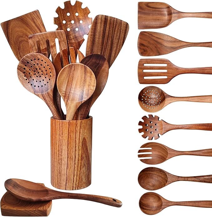 Wooden Spoons for Cooking 10 Pieces Set, Teak Kitchen Utensils Spatula, Wooden Cooking Utensils Spoons, with Spoon Rest, Strainer Spoon, Pasta server, Fried Spatula and Salad Fork, Utensil Holder-Ruum Studio Home