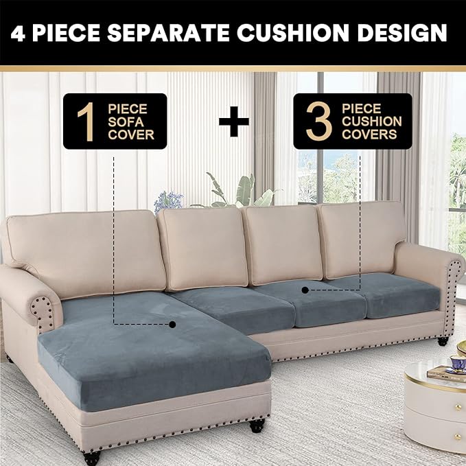PrinceDeco 4-Piece Sectional Couch Cover Set - Thick Chaise & Couch Cushion Covers with Elastic Band for L-Shape Sofa, 3 Seater + 1 Chaise, Stone Blue-Ruum Studio Home