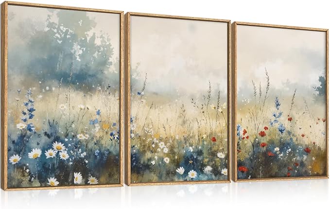Nature Wildflower Framed Canvas Wall Art Set, Pastoral Landscape Wall Decor, Colorful Meadow Wall Painting, Rustic Floral Art Print for Living Room, Bedroom, Office - 16"X24"X3-Ruum Studio Home