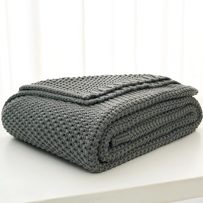 Longhui bedding Chunky Cable Knit Throw Blanket Lightweight Grey 100% Organic Cotton Blanket for Sofa Couch Bed Baby Nursery, Rustic Shabby Chic Modern Farmhouse, Gray 60” x 80” Give Laundering Bag-Ruum Studio Home