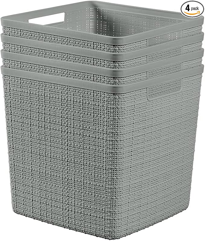 Curver Set of 4 Jute Large Cube Decorative Plastic Organization and Storage Baskets, Perfect Bins for Home Office, Closet Shelves, Kitchen Pantry and All Bedroom Essentials, Grey-Ruum Studio Home