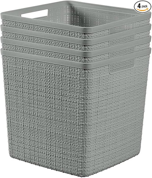 Curver Set of 4 Jute Large Cube Decorative Plastic Organization and Storage Baskets, Perfect Bins for Home Office, Closet Shelves, Kitchen Pantry and All Bedroom Essentials, Grey-Ruum Studio Home