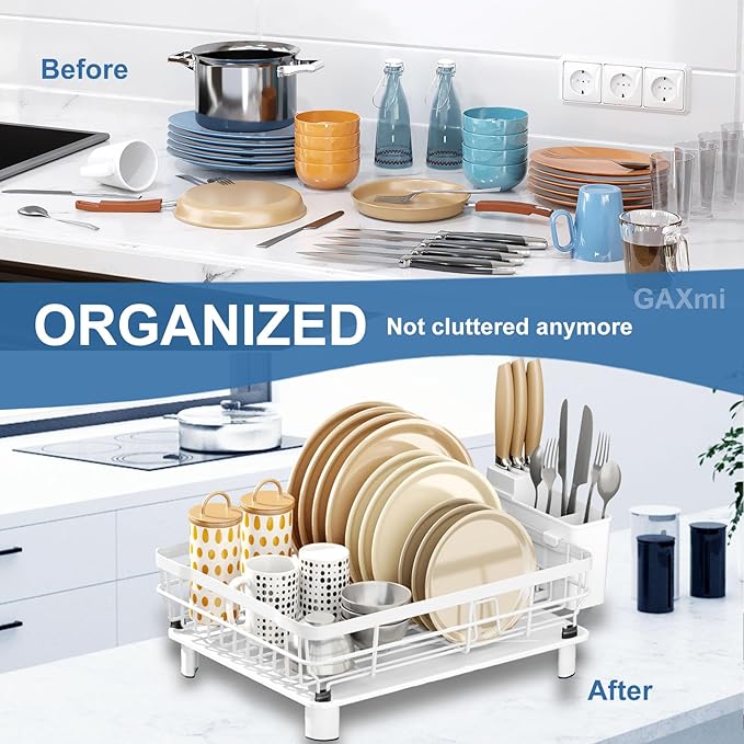 GAXmi Dish Drying Rack Over The Sink Dish Drainer with Drainboard Utensil Holder, 1-Tier White-Ruum Studio Home