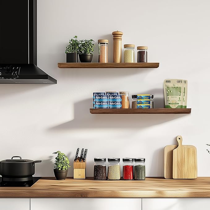 24"x6.8"x1.2" Solid Wood Floating Shelves 2-Pack - Rustic Brown Finish with Hidden Brackets, Perfect for Storage and Décor in Living Room, Kitchen, Bedroom-Ruum Studio Home