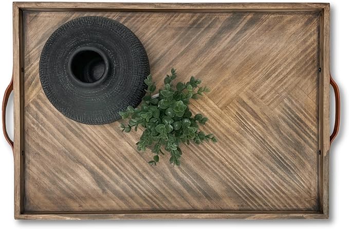 Medium Ottoman Wood Serving Tray- with Leather Handle Decorative Wooden 24 * 16 * 1.5 Inches Square Serving Tray Best for Coffee Table, Living Room and Kitchen-Ruum Studio Home