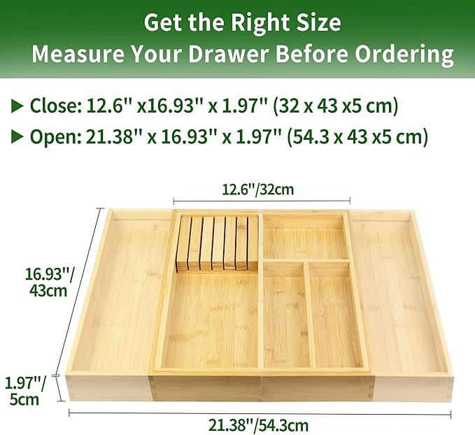 VaeFae Bamboo Kitchen Drawer Organizer, Wooden Utensil Tray with Multiple Compartments, Cutlery and Silverware Storage-Ruum Studio Home