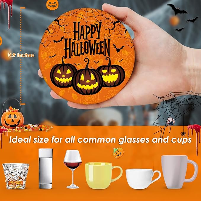 Coaster for Drinks Set of 6, Happy Halloween Trick or Treat Pumpkin Absorbent Round Ceramic Stone Mat, with Cork Base and Metal Holder, Gift for Housewarming Room Bar Decor-Ruum Studio Home