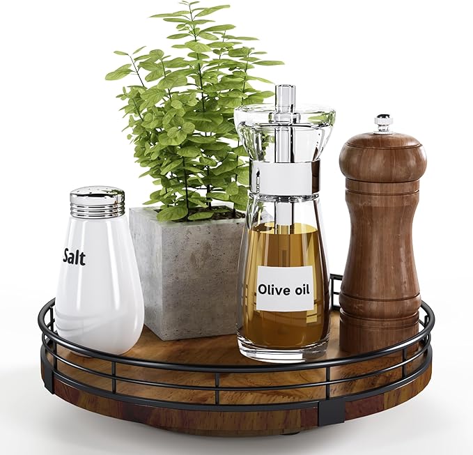 Farmhouse Oak 9" Lazy Susan Turntable Organizer for Cabinet, Round Wooden Lazy Susan Organization and Storage for Dining Table, Pantry, Kitchen, Countertop, Cupboard,Home Decor, Walnut Wood-Ruum Studio Home