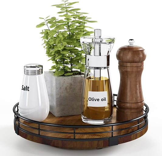 Farmhouse Oak 9" Lazy Susan Turntable Organizer for Cabinet, Round Wooden Lazy Susan Organization and Storage for Dining Table, Pantry, Kitchen, Countertop, Cupboard,Home Decor, Walnut Wood-Ruum Studio Home