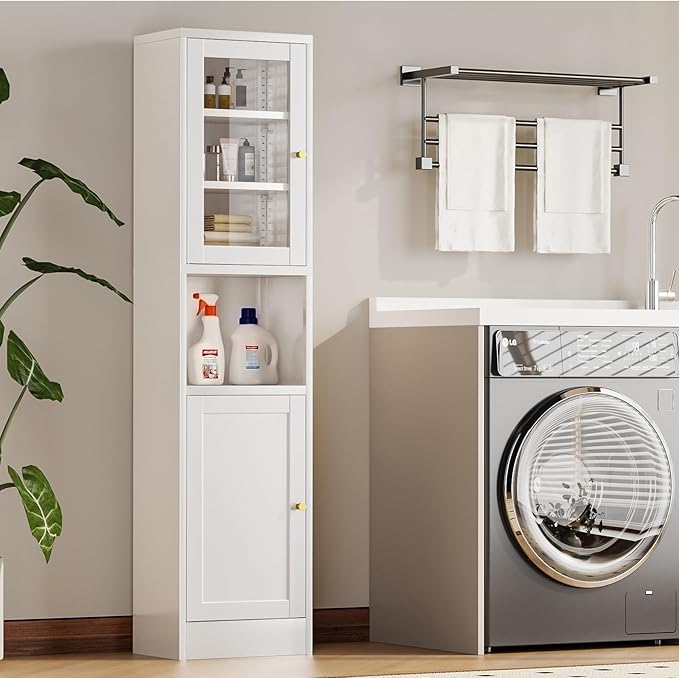 67" Tall Bathroom Storage Cabinet, Narrow Metal Floor Cabinet with Glass Door and Adjustable Shelves, Freestanding Metal Locker for Laundry, Kitchen, Dining Room-Ruum Studio Home