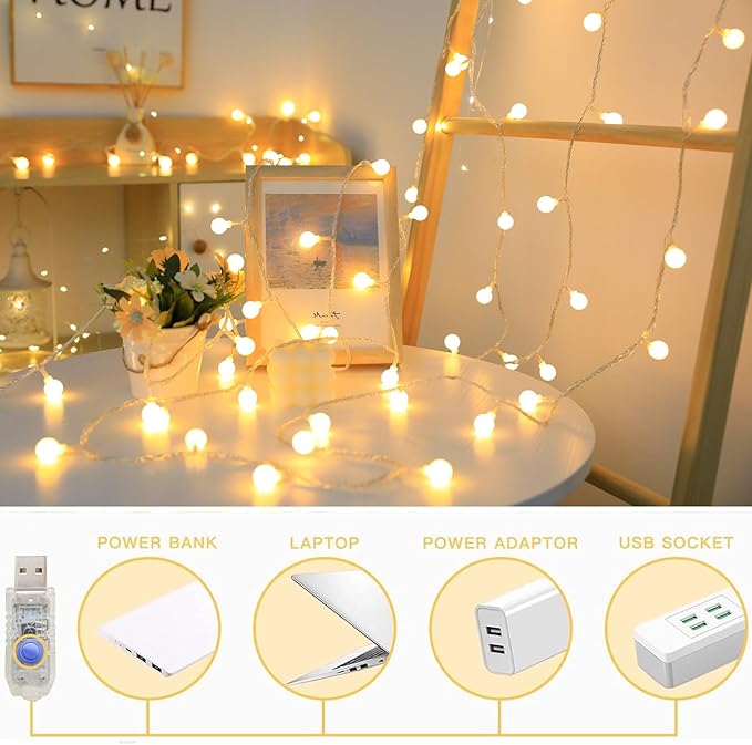 Globe String Lights 65.6 Ft. 120LEDs 8 Modes with Remote,USB Fairy Lights Plug in,Waterproof LED String Lights for Indoor Outdoor Bedroom Party Wedding Garden Christmas Tree Decor,Warm White-Ruum Studio Home