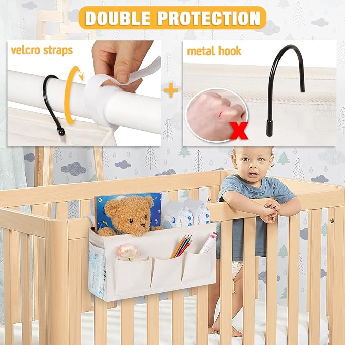Bedside Caddy Organizer with Fixed Straps and Water Bottle Holder for Home, College Dorm, Hospital, Crib and Bunk Bed (2pcs White)-Ruum Studio Home