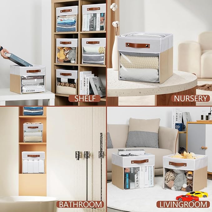 HNZIGE 11 Inch Foldable Fabric Storage Cubes - Clear Bins for Shelves, Canvas Cube Organizer Bins (White Beige 6 PCS)-Ruum Studio Home