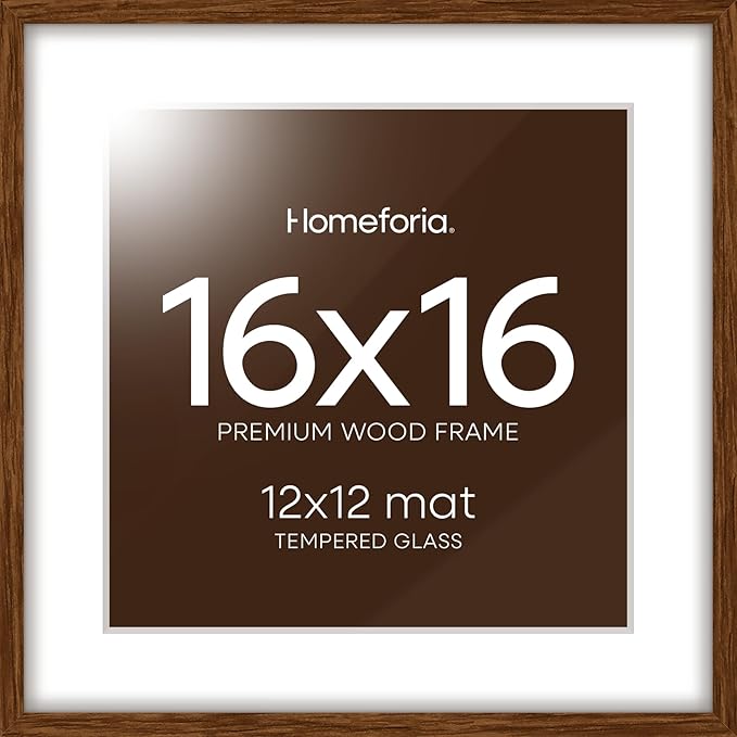 Homeforia 16x16 Brown Picture Frame, High End Dark Oak 16 x 16 Square Wood Frame with Mat 12 x 12 for Photo, 16by16 Wooden Walnut Poster Frame Matted to 12x12 Print, Tempered Glass, Wall Kit, Set of 1-Ruum Studio Home