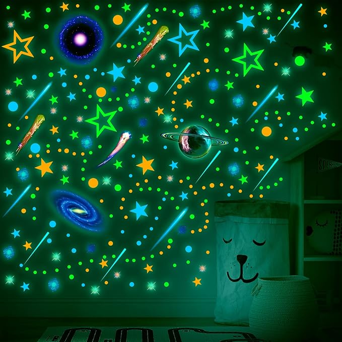 Spakon 495 Pcs Glow in The Dark Moons and Stars Wall Decals for Ceiling,Glowing Planets Wall Stickers Removable Galaxy Solar System Space Decal Nursery Stickers for Kids Bedroom Living Room Decor-Ruum Studio Home