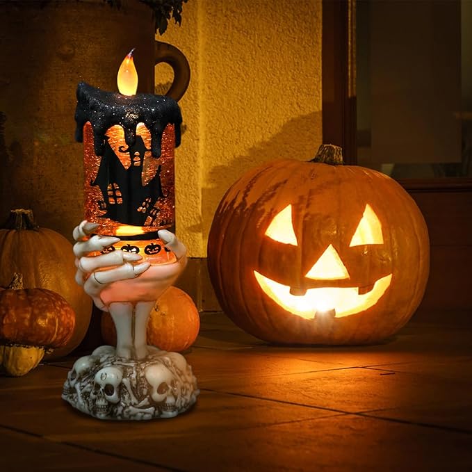 Eldnacele Halloween Snow Globe Candles Lighted Lamp USB Powered Battery Operated Spooky Spinning Water Glittering Tornado Flameless Candles Skeleton Hand Holder Halloween Centerpiece Decor(Castle)-Ruum Studio Home