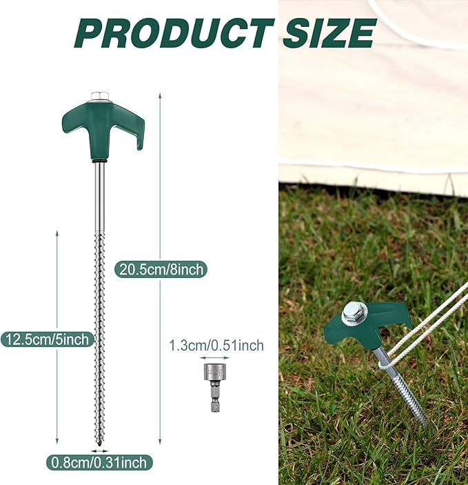 Hicarer 10 Pcs 20 Pcs 8'' Screw in Tent Stakes Heavy Duty Ground Metal Stakes for Inflatables with Hex Head Driver for Outdoor Camping Tent Inflatable Garden Decor (Dark Green)-Ruum Studio Home
