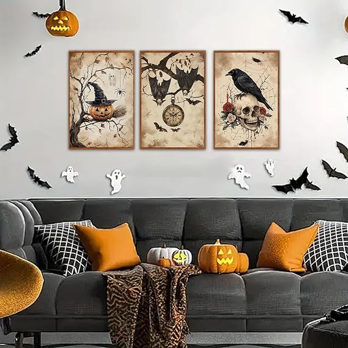HLNIUC Vintage Halloween Decor Framed Gothic Skull Wall Art Set of 3(16”x24”) Floral Raven Crow Wall Decor,Horror Pumpkin Dark Academia Canvas Painting bats prints for Living Room Bedroom Goth Party-Ruum Studio Home